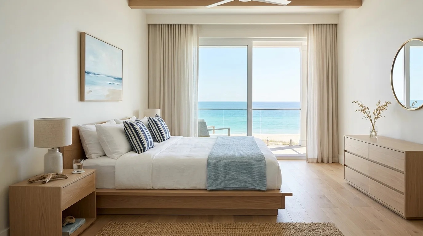 Use art that hints at the coast without becoming literal inspiration for a coastal bedroom.